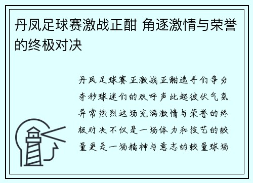 丹凤足球赛激战正酣 角逐激情与荣誉的终极对决