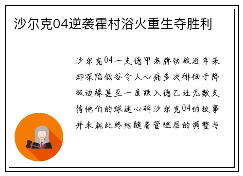 沙尔克04逆袭霍村浴火重生夺胜利