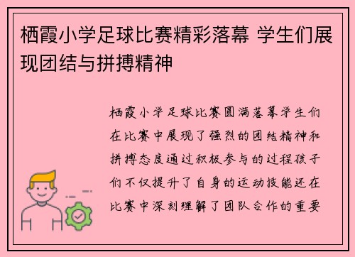 栖霞小学足球比赛精彩落幕 学生们展现团结与拼搏精神