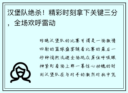 汉堡队绝杀！精彩时刻拿下关键三分，全场欢呼雷动