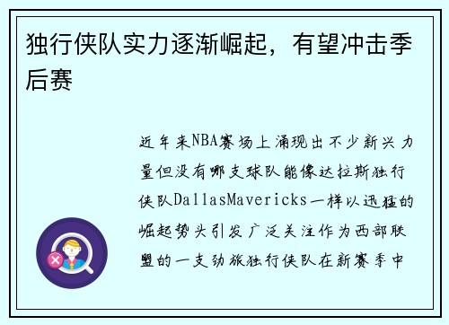 独行侠队实力逐渐崛起，有望冲击季后赛