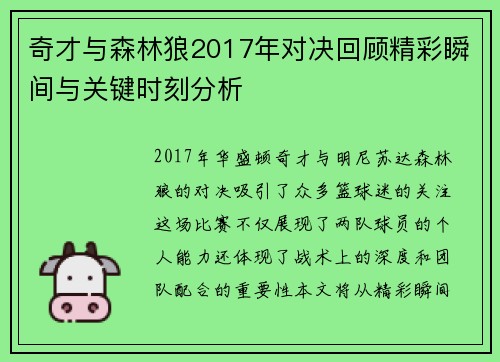 奇才与森林狼2017年对决回顾精彩瞬间与关键时刻分析